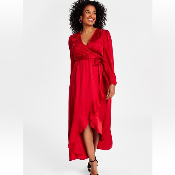 INC International Concepts Cranberry red surplice ruffle hem midi dress size M - Picture 2 of 16